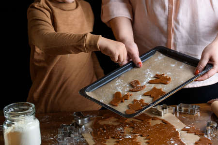 Mom and baby bake New Year's gingerbread forest animals. Gifts, sprigs of spruce, walnuts. New Year...