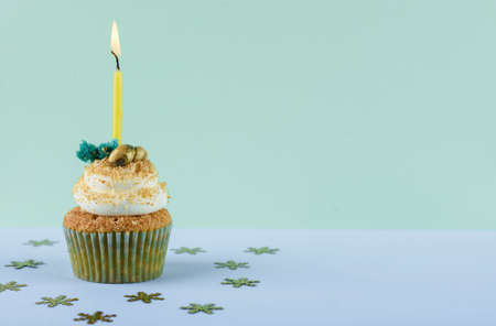 Delicious cupcake on a light green background with one candle and sparkles.の写真素材