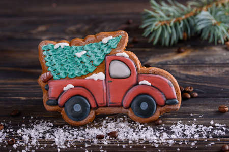 A cup of coffee with spices, gingerbread, spruce branches, gifts. Christmas. New Year 2020の写真素材