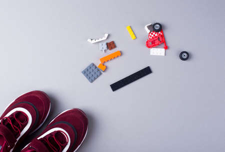 Joystick for games, controllers for games, designer, sports shoes. Flat layの写真素材