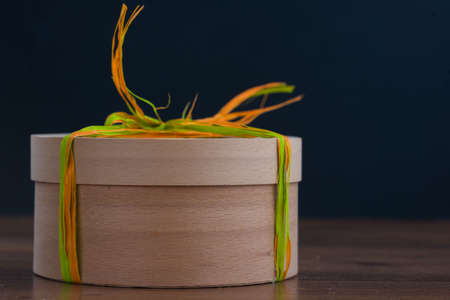 Gift box with jars with ribbons. Holidays. Place for inscriptionの写真素材