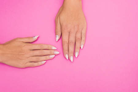 Stylish trendy female manicure. Beautiful young woman's hands on soft background.の写真素材