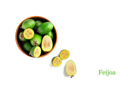 Juicy and ripe feijoa isolated on a white background. Healthy autumn fruit.の写真素材