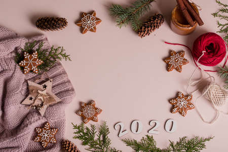 Christmas cookies with homemade salted caramel on a wooden background, neon lights, cinnamon sticks. New years 2020の写真素材