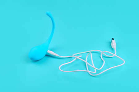 Female vibrator lush lovense on blue background with usb chargingの写真素材