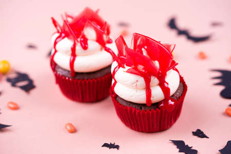 Delicious and mouth-watering chocolate cakes with vanilla cream and cherry glaze. Confectionery.の写真素材