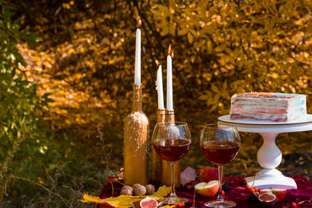 Beautiful autumn picnic in nature in the park. Delicious branded cake, figs, red wine, fragrant tea, nuts.の写真素材