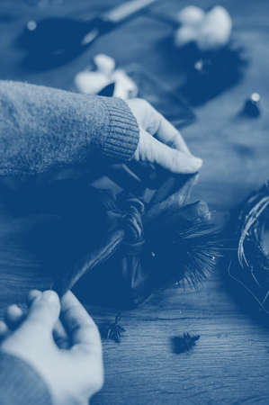 Christmas furoshiki wrapping. Etnical hristmas gift. Zero-waste christmas guide. blue tinted