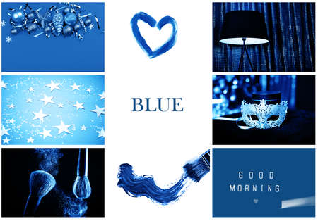 Beautiful collage of 9 photos and an inscription. New Year content. Beautiful blue color. Holidays 2020の写真素材