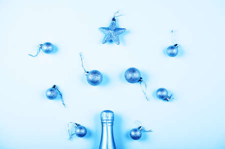 Festive content flat lay on a blue background. New years 2020