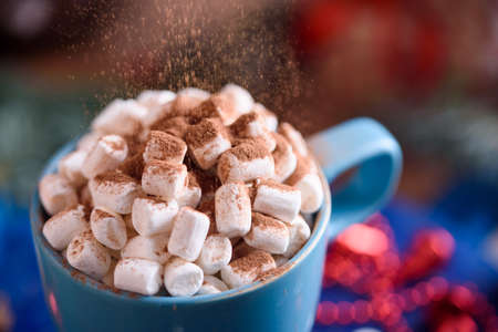 Aromatic coffee with marshmallow sprinkled with cocoa, New Year's and festive dessert and a drink.