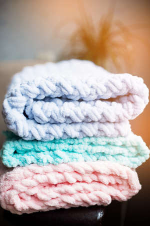 Plush and very soft coarse plaids. Blankets for beds, blanketsの写真素材