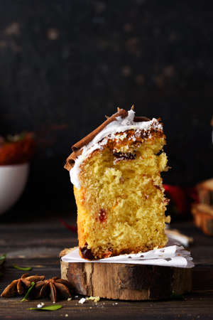 Delicious pastry baking. Easter cake with filling. Quail eggs. Flowers, table, dishes Beautiful...