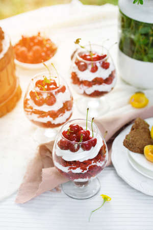 Delicious dessert, treifl of red velvet in a glass, decorated with berriesの写真素材