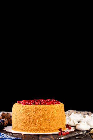 Delicious cake with fresh berries, powder and drops of honey. Pastry, desserts, birthday cake. Partyの写真素材