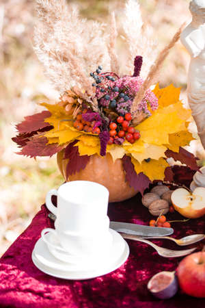 Beautiful autumn picnic in nature in the park. Delicious branded cake, figs, red wine, fragrant tea, nuts.の写真素材