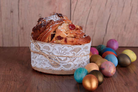 Delicious pastry baking. Easter cake with filling. Quail eggs. Flowers, table, dishes Beautiful...