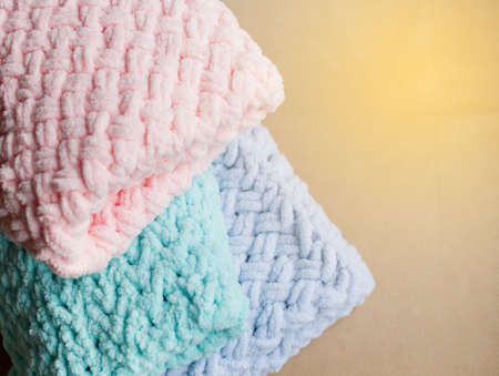 Soft, plush plaids for children and adults, handmade. Knitting plaids. Warm plaid with large loops.の写真素材