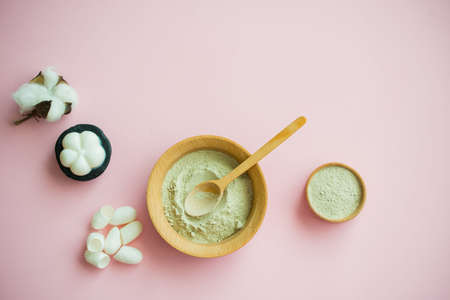 Cosmetic bath salt, grape gomaj for the face, coffee scrub for the body on a pink background. Zero wase, eco, organic cosmetic.の写真素材