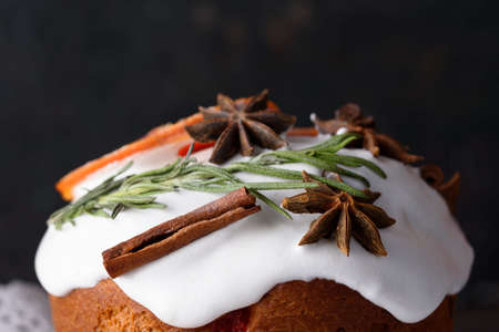 Delicious pastry baking. Easter cake with filling. Quail eggs. Flowers, table, dishes Beautiful dessert, zero waste dessert, eco product.の写真素材