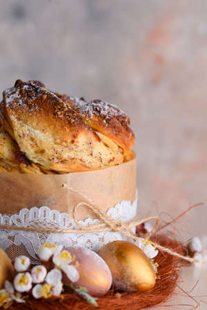 Delicious pastry baking. Easter cake with filling. Quail eggs. Flowers, table, dishes Beautiful...