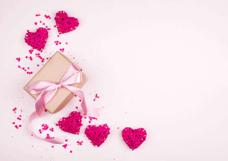 Concept for the holiday of All lovers, a place for writing, a view from above. Hearts, gentle...