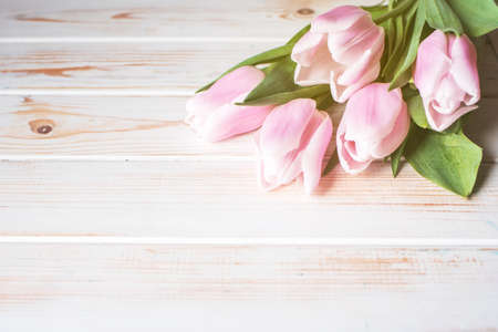 A beautiful bouquet of pink tulips on a light background. Place for text