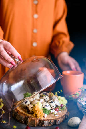 Beautiful composition with quail eggs, flowers, twigs, and hands of a girl. Easter content.