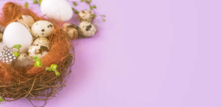 Chicken and quail eggs in a nest on a pink background with a place for text. Easter content.