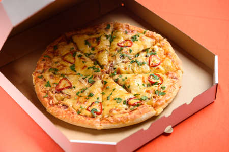 Pizza in the in delivery box you can put your writing on the box. Pizza close upの写真素材