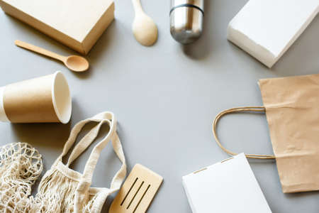 Set of unbleached plant fiber food box and paper coffee cup. Natural fiber eco food and drink packaging. Zero wasteの写真素材