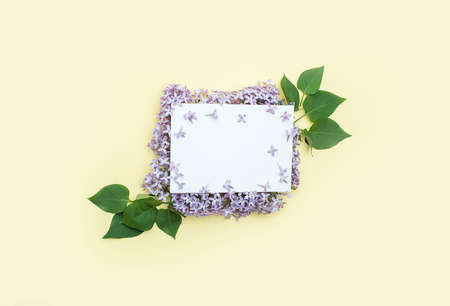 White card for wishes, and congratulations on lilac flowers on the edge. Mother's Day, a place for text on a light yellow background.の写真素材