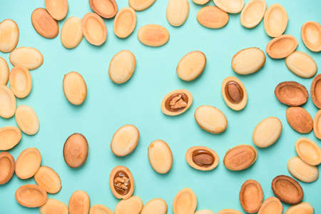 Homemade nuts with condensed milk, chocolate inside, walnuts and almonds. Nuts on a light blue...