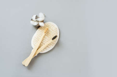 Two bamboo brushes for brushing teeth, lie on a bamboo brush for the face, and a cato flower on a gray background. Place for text. Zero wasteの写真素材