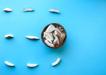 Fresh coconut lies on a blue background with small pieces of acocosis. Coconut shavings. View from above.の写真素材