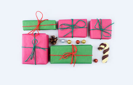 Christmas gift boxes collection with pine tree for mock up template design. View from above. Flat...