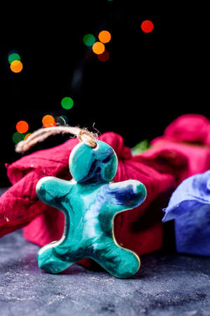 Beautiful toys on the Christmas tree made of epoxy resin Toys handmade. View from above.の写真素材