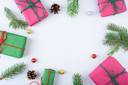 Christmas gift boxes collection with pine tree for mock up template design. View from above. Flat lay.の写真素材