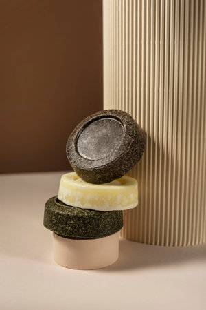 Handmade solid soap or shampoo or conditioner bars in the bathroom. Concept nature zero waste...