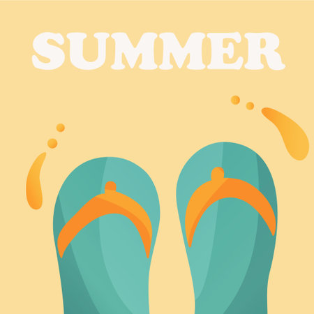 Summer square yellow postcard with green summer flip-flops for the beach and the inscription summer....