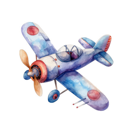Whimsical skies: playful watercolor vector illustration of a kid-friendly plane soaring through a dreamy cloudscape, perfect for kids postcards, invitations, art on a white backgroundの素材