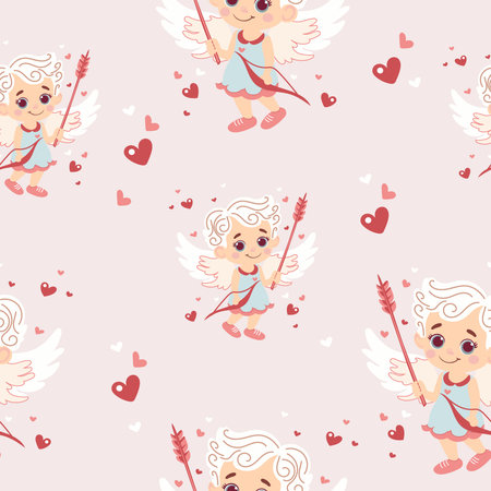 Heartfelt romance: Valentines Day vector pattern with hearts and cupid. Expressive love notes and charming illustrations for a sentimental and festive atmosphereのイラスト素材