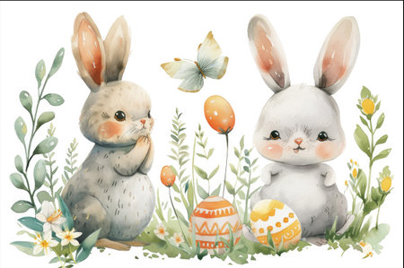 Easter bunnies, eggs and flowers. Watercolor illustration.の素材