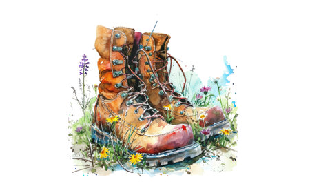 Watercolor hand painted shoes with field flower bouquets. Free spirit concept. Leather boots withheld flowers. Freedom concept. Summer themed vector illustrationの素材