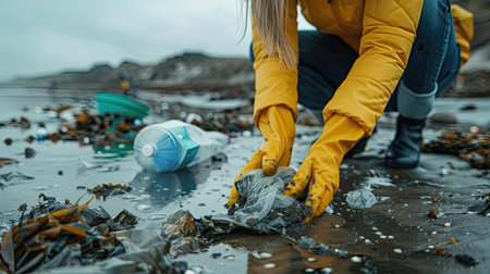Volunteer woman sorts garbage on the beach. Environmental pollution concept.の素材