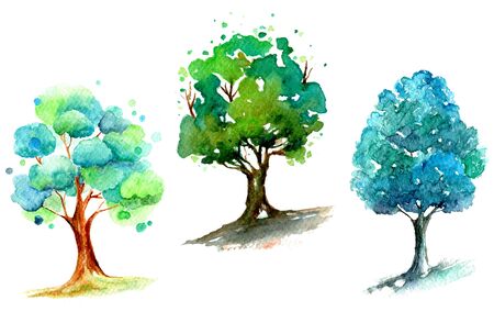 Set of watercolor trees paintingsの写真素材