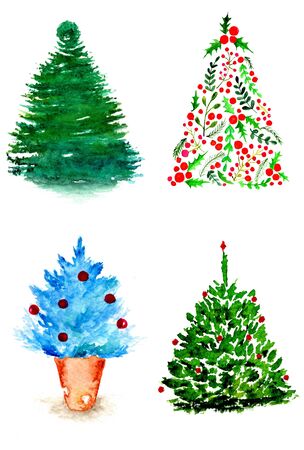 Set of four Christmas trees paintings, watercolor image with white background, Christmas ornamental patternの写真素材
