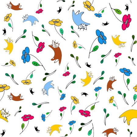 Cats and flowers seamless pattern, illustration of summer garden and sleepy kittens neat the colorful flowers, amazing print design for paper, cards, fabrics, coversの写真素材