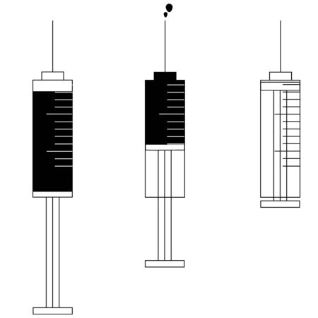 Injection equipment in action, needle vector illustration for medical instructions, simple flat design of liquid injection in therapy or vaccination process, vaccine in syringeのイラスト素材