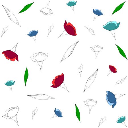 Seamless pattern with flowers silhouettes in color and without it. Simple blue and red spring flowers print for textile, fabrics, wallpaper, gift boxes and paper. Outline flowers vector illustrationのイラスト素材